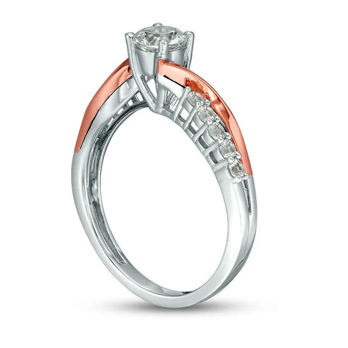 50mm LabCreated White Sapphire Crossover Bypass Ring in Sterling Silver and Solid 14K Rose Gold Plate Goldia Rings