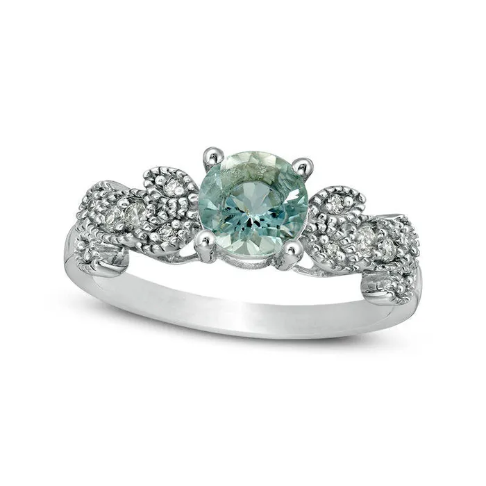 60mm Aquamarine and 013 CT TW Natural Diamond Antique VintageStyle Vine Ring in Solid 10K White Gold Goldia Rings