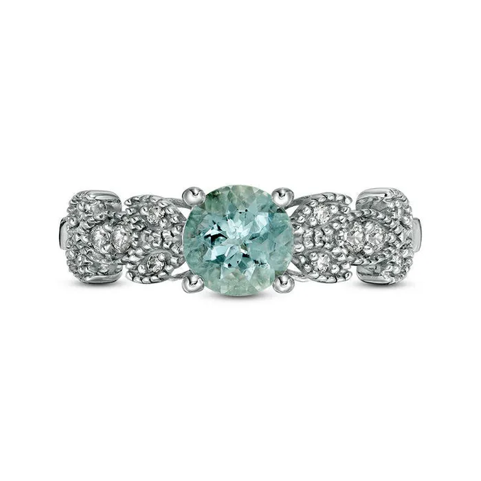 60mm Aquamarine and 013 CT TW Natural Diamond Antique VintageStyle Vine Ring in Solid 10K White Gold Goldia Rings 60mm Aquamarine and 013 CT TW Natural Diamond Antique VintageStyle Vine Ring in Solid 10K White Gold Goldia Rings