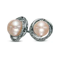 80mm Button Cultured Freshwater Pearl and Diamond Accent Swirl Frame Stud Earrings in Sterling Silver Goldia Earrings 80mm Button Cultured Freshwater Pearl and Diamond Accent Swirl Frame Stud Earrings in Sterling Silver Goldia Earrings