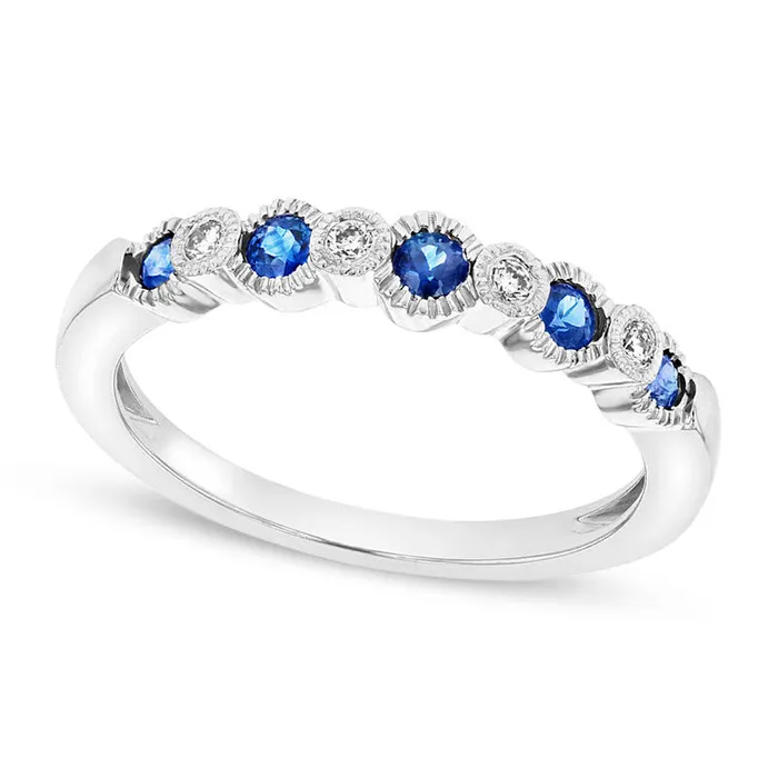 Blue Sapphire and Natural Diamond Accent Alternating Five Stone Band in Solid 14K White Gold Goldia Rings