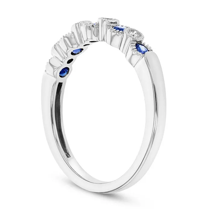 Blue Sapphire and Natural Diamond Accent Alternating Five Stone Band in Solid 14K White Gold Goldia Rings