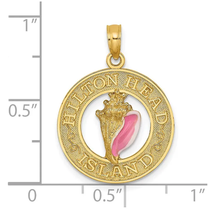 Charm Necklaces 14k Yellow Gold HILTON HEAD ISLAND Enamel Conch Shell Circle Charm Goldia