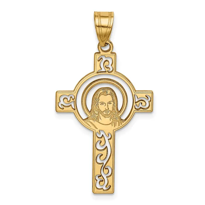 Charm Necklaces Goldia 14k Yellow Gold Laser Cut Jesus Face Cross Charm