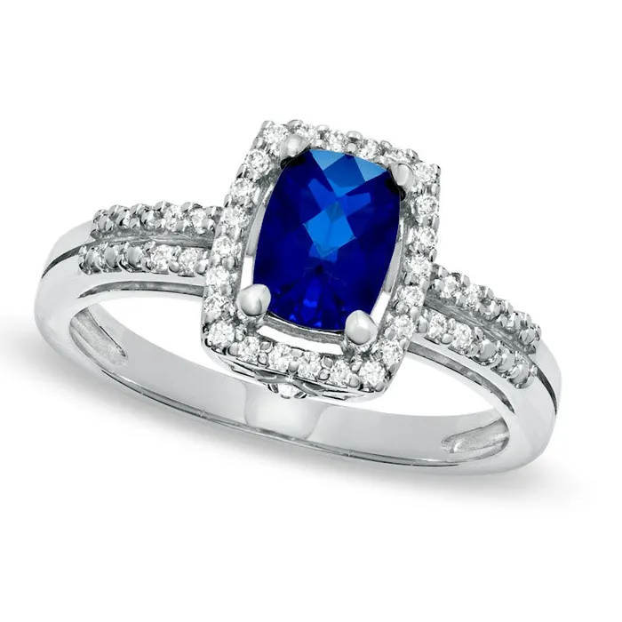CushionCut LabCreated Blue and White Sapphire Frame Ring in Sterling Silver Goldia Rings