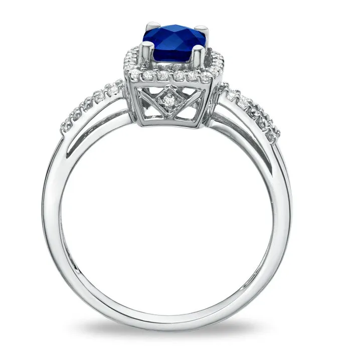 CushionCut LabCreated Blue and White Sapphire Frame Ring in Sterling Silver Goldia Rings