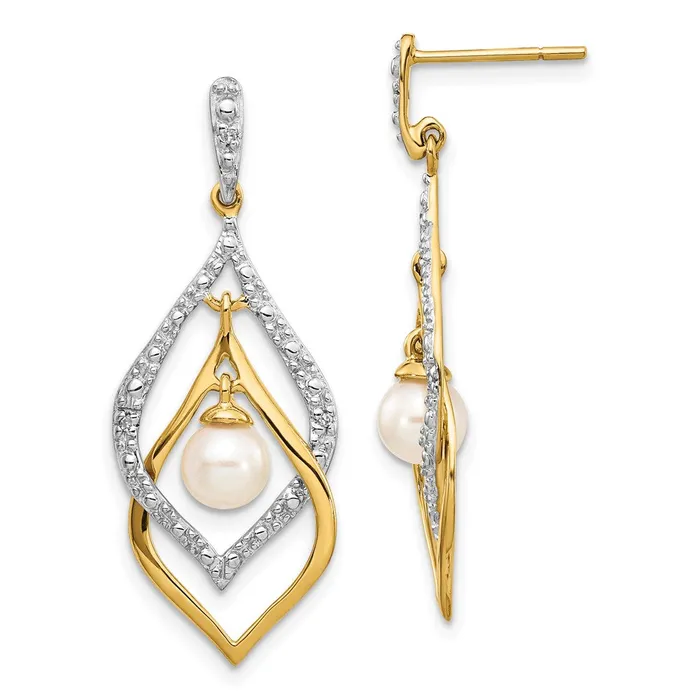 Earrings 14k Yellow Gold 56mm White Round FWC Pearl 02ct Real Diamond Dangle Earrings Goldia