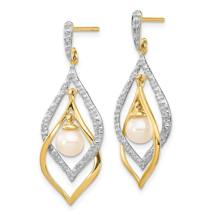 Earrings 14k Yellow Gold 56mm White Round FWC Pearl 02ct Real Diamond Dangle Earrings Goldia