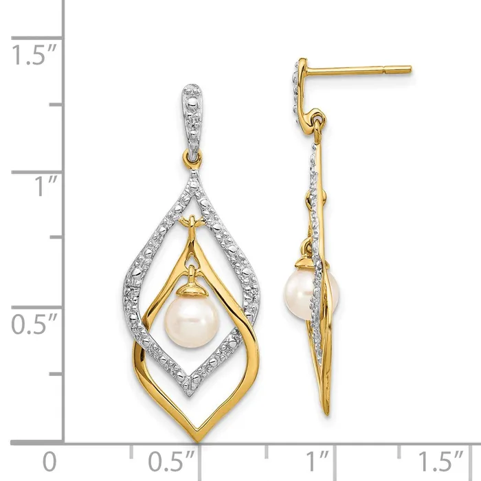 Earrings 14k Yellow Gold 56mm White Round FWC Pearl 02ct Real Diamond Dangle Earrings Goldia