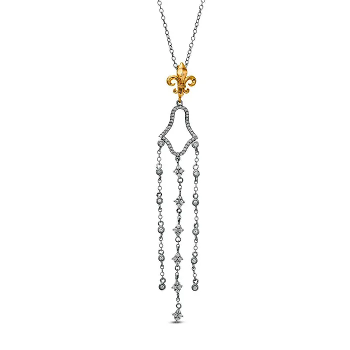 Earrings Goldia 05 CT TW Natural Diamond FleurDeLis with Geometric Chandelier Drop Pendant in 10K TwoTone Gold
