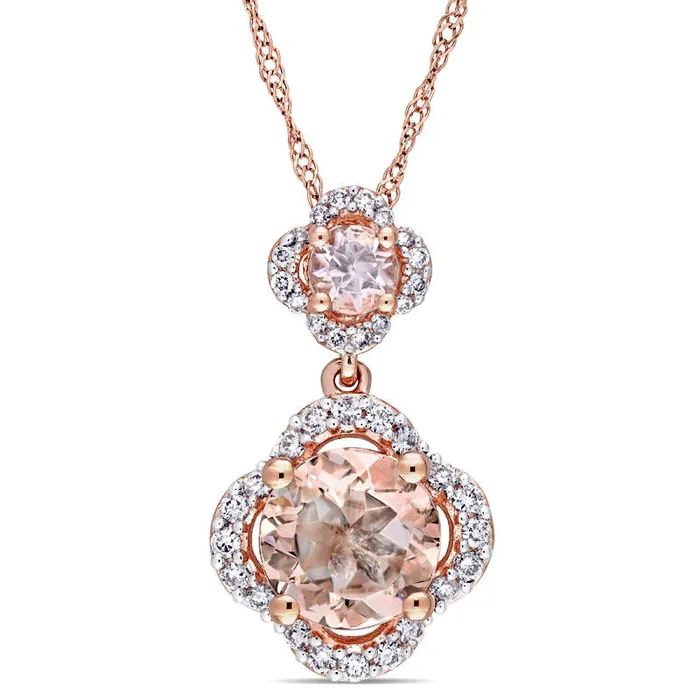 Earrings Morganite and 02 CT TW Natural Diamond Clover Frame Double Drop Pendant in 14K Rose Gold 17 Goldia
