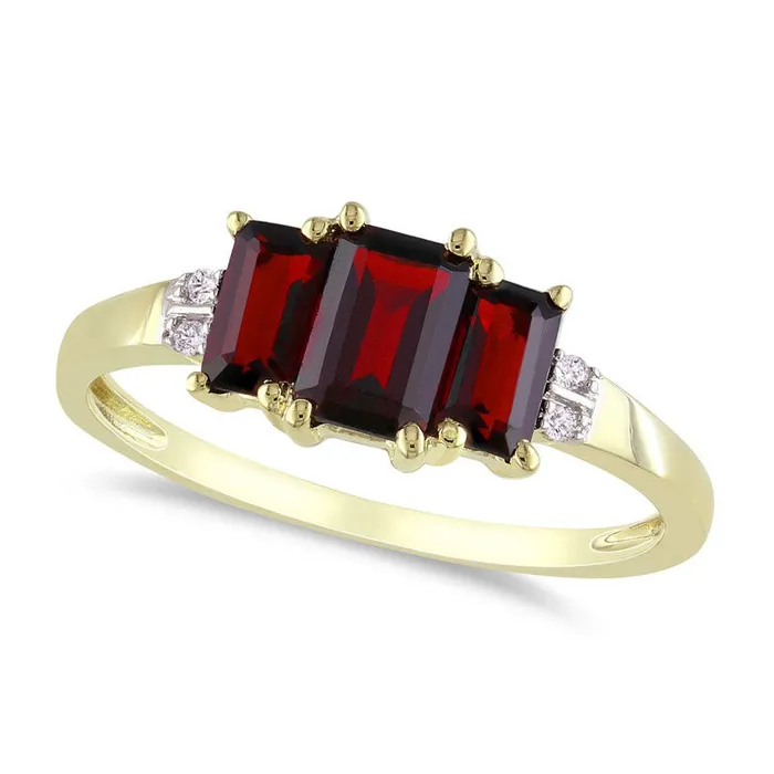 EmeraldCut Garnet and Natural Diamond Accent Three Stone Ring in Solid 10K Yellow Gold Goldia Rings