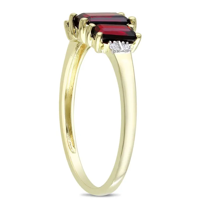 EmeraldCut Garnet and Natural Diamond Accent Three Stone Ring in Solid 10K Yellow Gold Goldia Rings