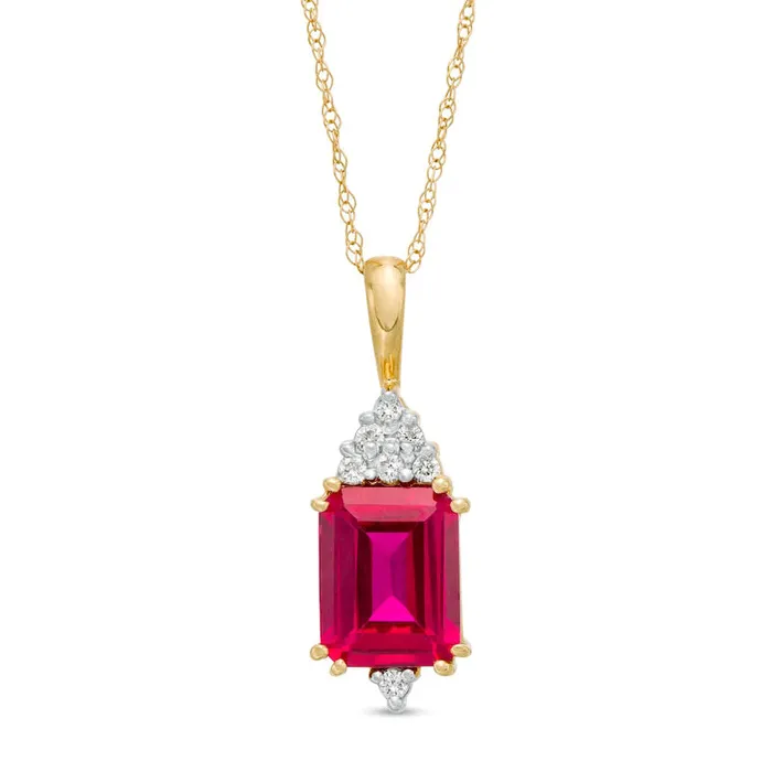 EmeraldCut LabCreated Ruby and 007 CT TW Diamond Geometric Pendant in 10K Yellow Gold Goldia Necklaces EmeraldCut LabCreated Ruby and 007 CT TW Diamond Geometric Pendant in 10K Yellow Gold Goldia Necklaces