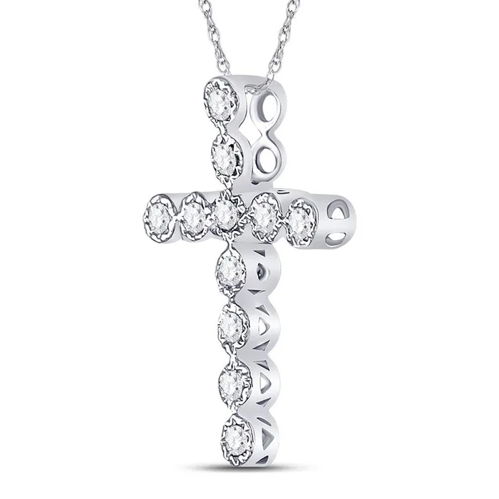 gndatlanta Necklaces 14kt White Gold Round Diamond Paternoster Cross Pendant 18 Cttw