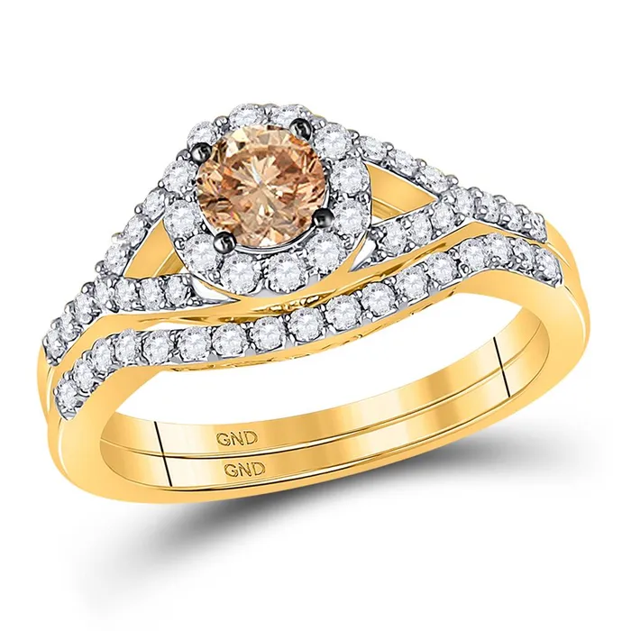gndatlanta Rings 14k Yellow Gold Round Brown Diamond Bridal Wedding Ring Set 1 Cttw