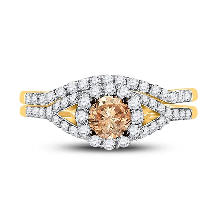 gndatlanta Rings 14k Yellow Gold Round Brown Diamond Bridal Wedding Ring Set 1 Cttw