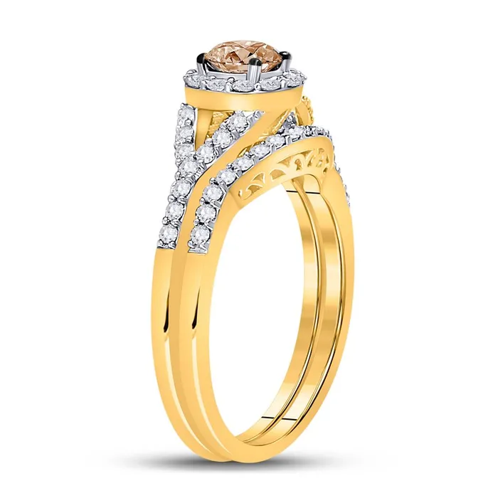 gndatlanta Rings 14k Yellow Gold Round Brown Diamond Bridal Wedding Ring Set 1 Cttw