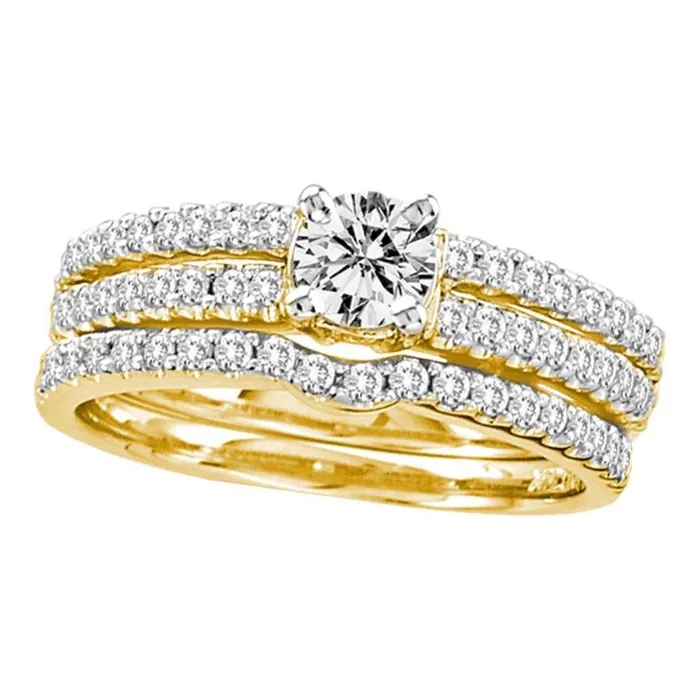 gndatlanta Rings 14k Yellow Gold Round Diamond 3Piece Bridal Wedding Ring Set 1 Cttw