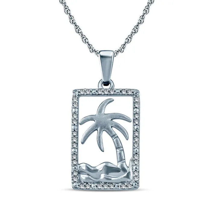 Goldia 01 CT TW Natural Diamond Palm Tree Rectangle Pendant in Sterling Silver Necklaces Goldia 01 CT TW Natural Diamond Palm Tree Rectangle Pendant in Sterling Silver Necklaces