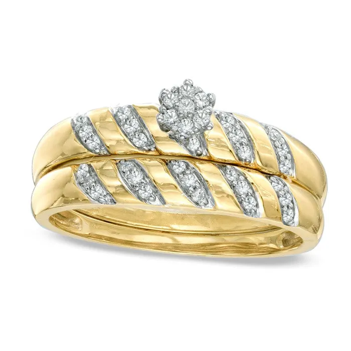 Goldia 017 CT TW Natural Diamond Flower Cluster Bridal Engagement Ring Set in Solid 10K Yellow Gold Rings