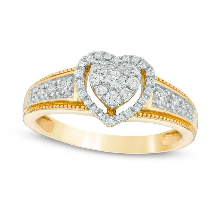 Goldia 033 CT TW Natural Diamond Double Heart Frame Antique VintageStyle Engagement Ring in Solid 10K Yellow Gold Rings