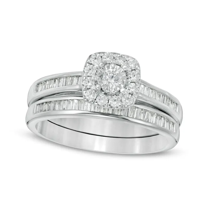 Goldia 050 CT TW Baguette and Round Natural Diamond Cushion Frame Bridal Engagement Ring Set in Solid 10K White Gold Rings