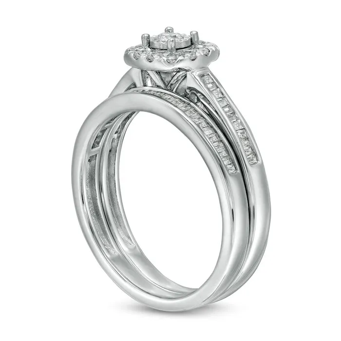 Goldia 050 CT TW Baguette and Round Natural Diamond Cushion Frame Bridal Engagement Ring Set in Solid 10K White Gold Rings