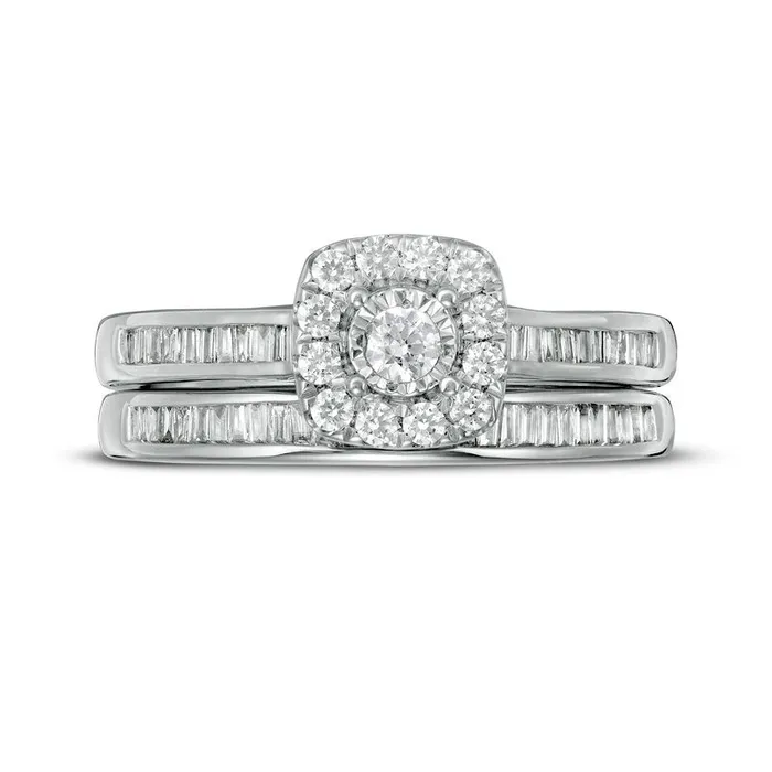 Goldia 050 CT TW Baguette and Round Natural Diamond Cushion Frame Bridal Engagement Ring Set in Solid 10K White Gold Rings