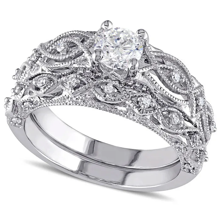 Goldia 075 CT TW Natural Diamond Antique VintageStyle Bridal Engagement Ring Set in Solid 10K White Gold Rings