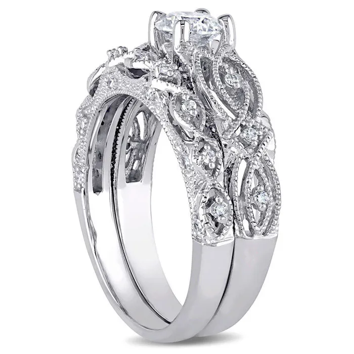 Goldia 075 CT TW Natural Diamond Antique VintageStyle Bridal Engagement Ring Set in Solid 10K White Gold Rings