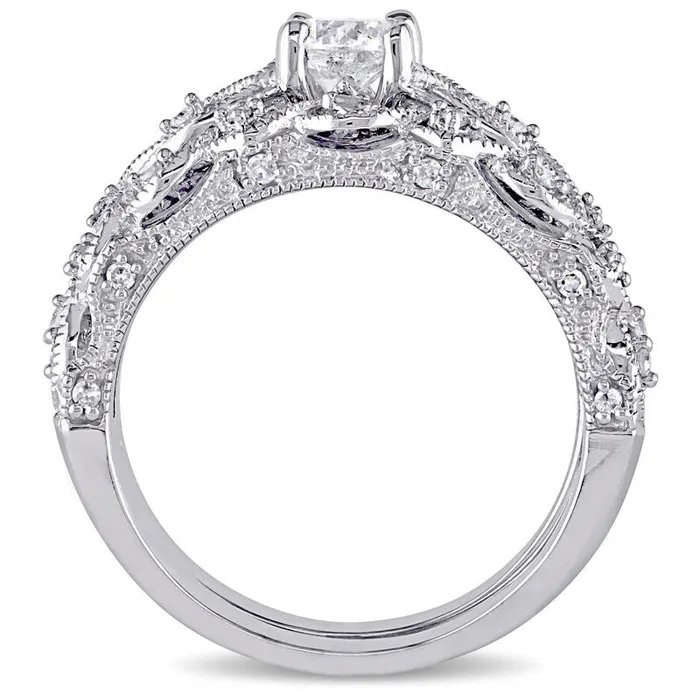 Goldia 075 CT TW Natural Diamond Antique VintageStyle Bridal Engagement Ring Set in Solid 10K White Gold Rings