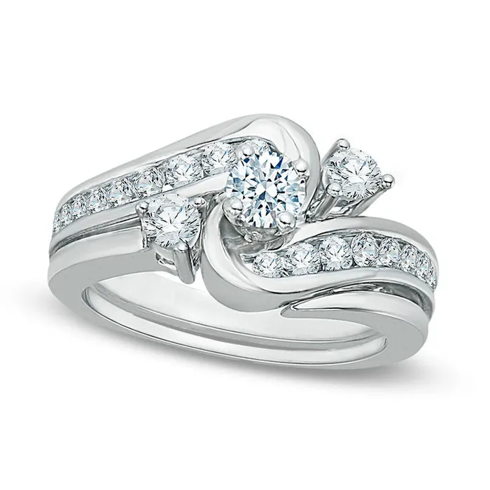 Goldia 088 CT TW Natural Diamond Three Stone Slant Bypass Bridal Engagement Ring Set in Solid 14K White Gold Rings