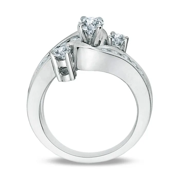 Goldia 088 CT TW Natural Diamond Three Stone Slant Bypass Bridal Engagement Ring Set in Solid 14K White Gold Rings
