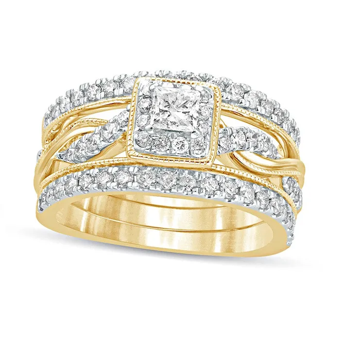 Goldia 10 CT TW PrincessCut Natural Diamond Frame Twist Shank Antique VintageStyle Bridal Engagement Ring Set in Solid 14K Gold Rings