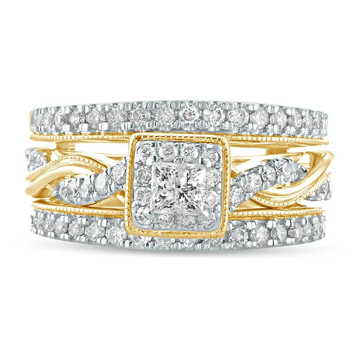 Goldia 10 CT TW PrincessCut Natural Diamond Frame Twist Shank Antique VintageStyle Bridal Engagement Ring Set in Solid 14K Gold Rings