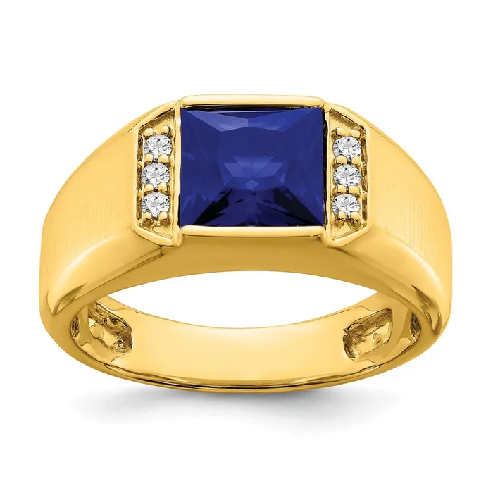 Goldia 14K Yellow Gold Square Created Sapphire and Real Diamond Mens Ring Rings