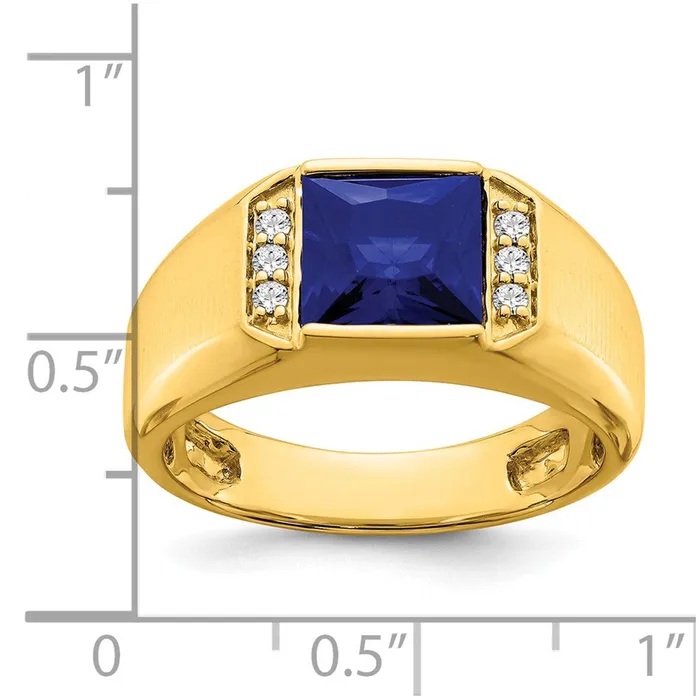 Goldia 14K Yellow Gold Square Created Sapphire and Real Diamond Mens Ring Rings