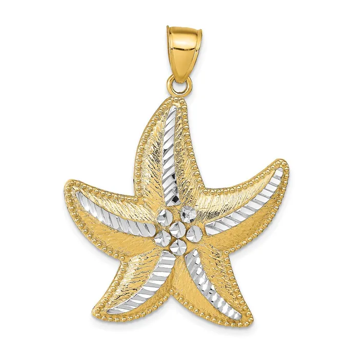 Goldia 14k Yellow Rhodium Gold and Rhodium DiamondCut Textured Starfish Pendant Necklaces