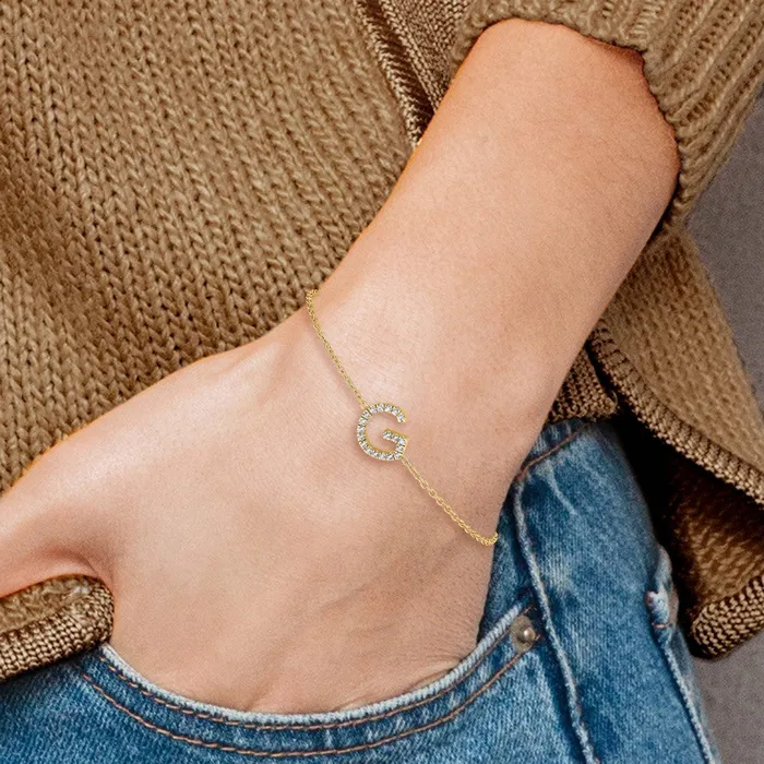 goldiaca Bracelets 14k Yellow Gold Natural Diamond Sideways Letter G w 1in ext Bracelet