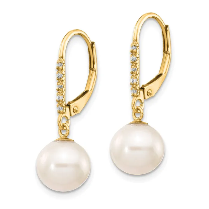 goldiaca Earrings 14k 8 9mm White Round FWC Pearl 05ct Diamond Leverback Earrings