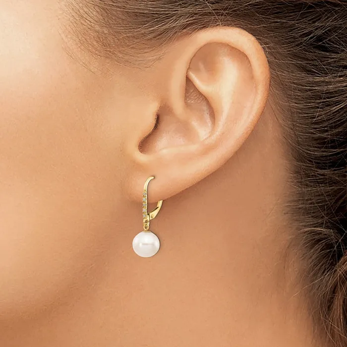 goldiaca Earrings 14k 8 9mm White Round FWC Pearl 05ct Diamond Leverback Earrings