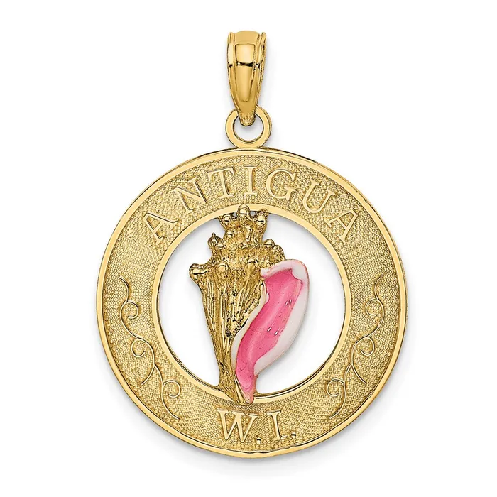 Goldia Charm Necklaces 14k Yellow Gold ANTIGUA WI Circle w Enamel Conch Shell Charm Goldia Charm Necklaces 14k Yellow Gold ANTIGUA WI Circle w Enamel Conch Shell Charm