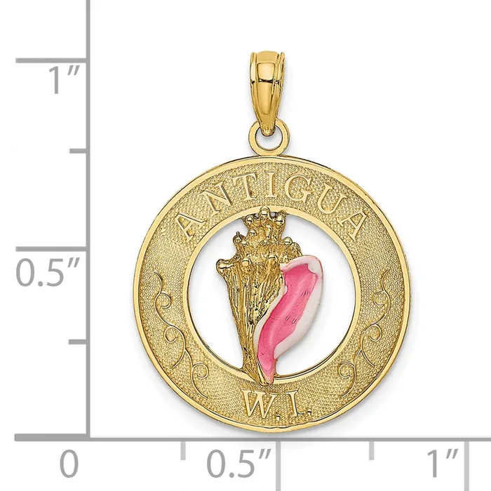 Goldia Charm Necklaces 14k Yellow Gold ANTIGUA WI Circle w Enamel Conch Shell Charm
