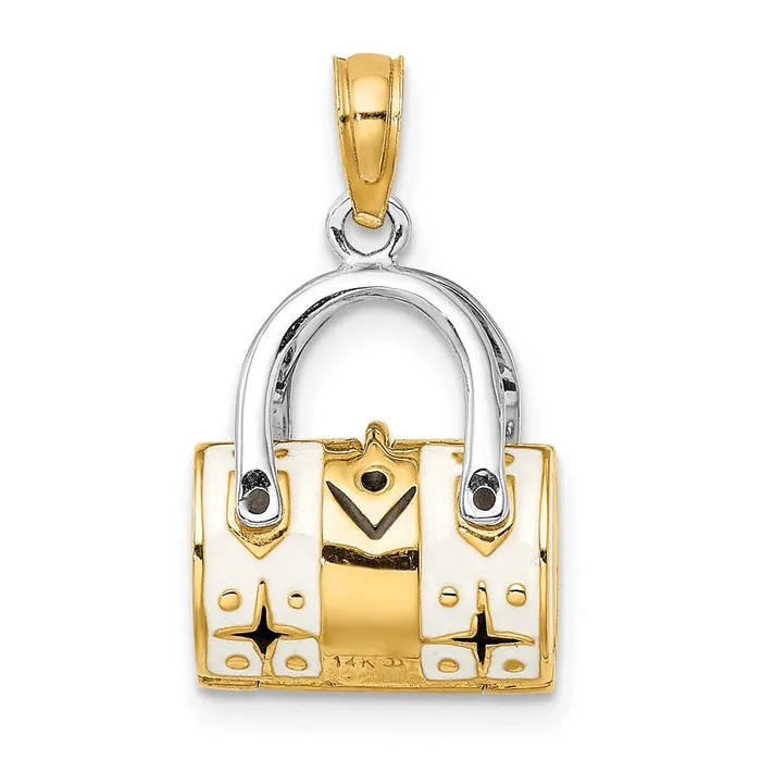 Goldia Charm Necklaces 14k Yellow Rhodium Gold Rhodium 3D White Enameled Handbag Opens Charm