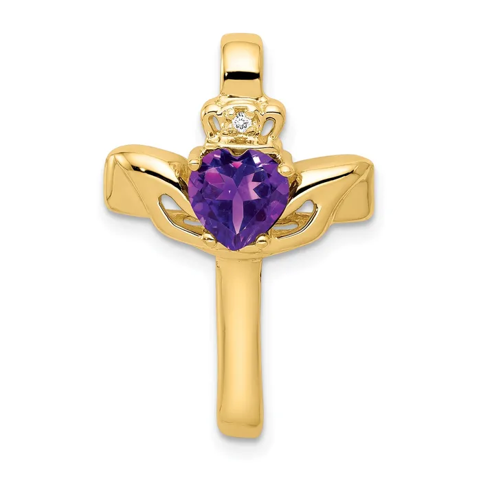 Goldiacom 14k 6mm Claddagh Amethyst A Diamond Cross Pendant Necklaces