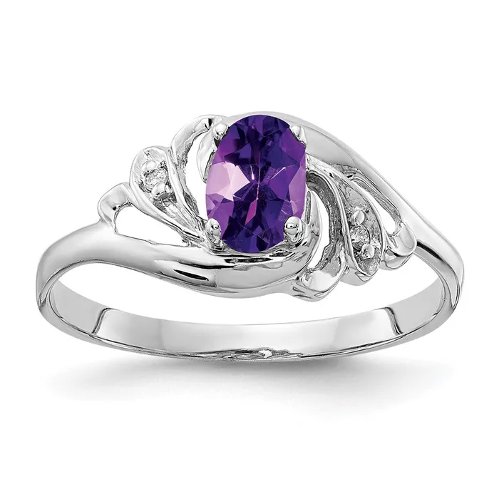 Goldiacom 14k White Gold 6x4mm Oval Amethyst VS Real Diamond ring Rings