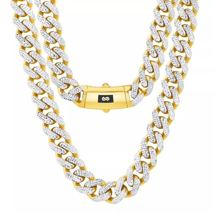 Goldiacom Necklaces 10k Yellow Gold 13mm Monaco Miami Cuban Link Diamond Cut Pave Chain Necklace 24