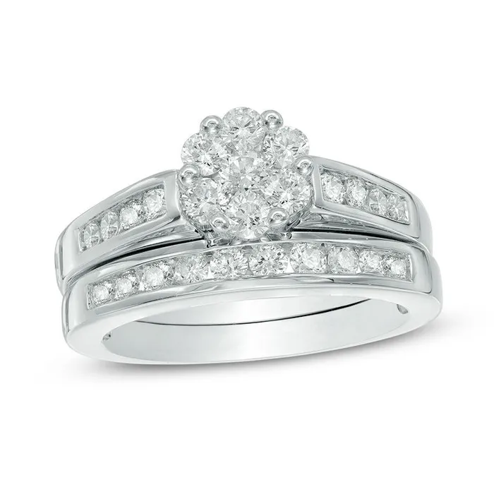 Goldiacom Rings 1 CT Diamond Flower Bridal Engagement Ring Set in 14K White Gold