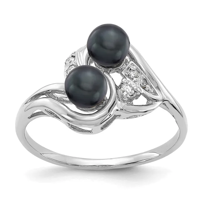 Goldiacom Rings 14k White Gold 45mm Black FW Cultured Pearl AA Real Diamond ring